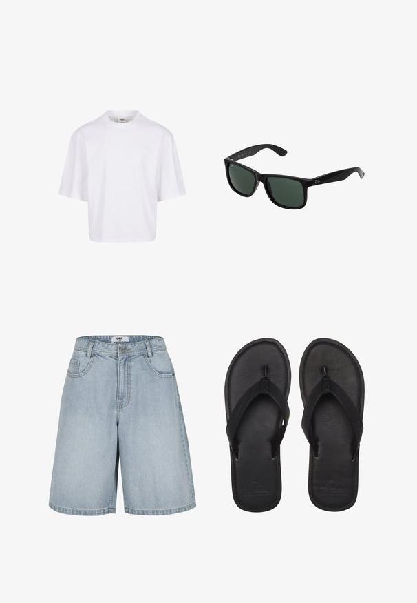 Camiseta blanca de manga corta con cuello redondo y corte relajado, fabricada en una suave mezcla de algodón. Sin patrones ni adornos.; Shorts de denim azul claro con un corte clásico, que cuentan con un cierre de botón, cinco bolsillos y costuras visibles. Diseñados para la comodidad y la versatilidad.; Chanclas negras hechas de material suave, con una tira estilo thong, planta texturizada y logo en relieve en la suela.; Gafas de sol de plástico negro con lentes verdes, que cuentan con un marco cuadrado, acabado liso y el prominente logo de Ray-Ban en las patillas.