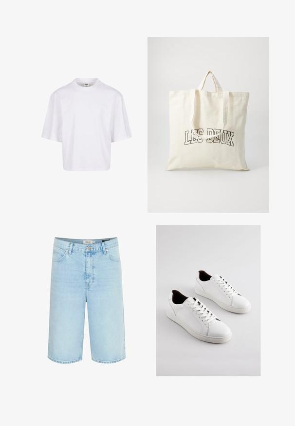 Weißes Kurzarm-T-Shirt mit Rundhalsausschnitt und lockerer Passform, gefertigt aus einem glatten Baumwollmischgewebe. Keine Muster oder Verzierungen.; Hellblaue Jeansshorts mit entspannter Passform, fünf Taschen-Design, einfache Knopfverschluss und Kontrastnähte entlang der Nähte.; Weiße Ledersneaker mit niedrigem Profil, perforierten Seiten, flachen Schnürsenkeln und einem kontrastierenden braunen Innenfutter. Gummisohle mit strukturierter Musterung.; Leinene Tragetasche in Off-White, mit kurzen Henkel und dem aufgedruckten Text "LES DEUX" in fetten schwarzen Buchstaben. Strapazfähiges, schlichtes Design.