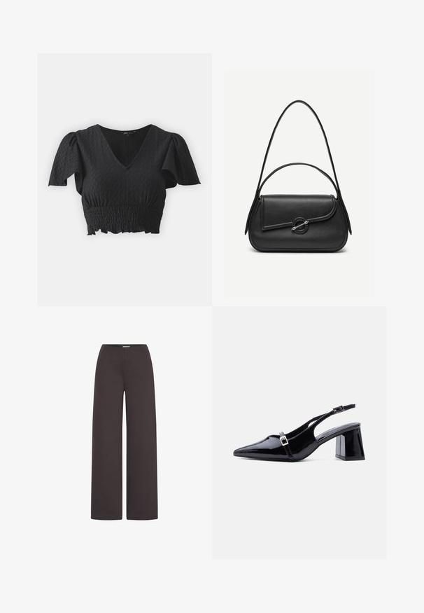 Top corto negro con mangas cortas abullonadas, escote en V y tejido texturizado. Presenta una cinturilla fruncida y un dobladillo con volantes.; ICHI IHKATE WIDE PA2 - Pantalones - chocolate torte; Zapato de mujer tipo slingback de charol negro con punta afilada, tacón bajo y cuadrado, y dos hebillas pequeñas plateadas en las correas.; Bolso de cuero negro con bordes redondeados, solapa asimétrica, cierre circular de metal y correas de hombro cortas y largas.