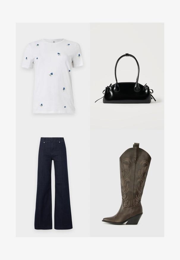 Hvid kortærmet t-shirt med små, spredte blå blomsterbroderier og grønne stilke, rund hals, ensfarvet baggrund.; Mørkeblå jeans med høj talje og vide ben, med forreste syninger og bæltestropper på en ensartet lys baggrund.; Brune læder cowboystøvle med spids tå, kilehæl og dekorativ broderi. Har en høj stok og en trækflap.; Lille sort blank håndtaske med to lange håndtag og snøre-detaljer i siden på en ensfarvet lys baggrund.