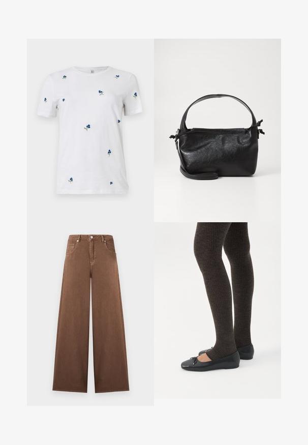 T-shirt blanc à manches courtes avec une petite broderie dispersée de fleurs bleues et de tiges vertes, col rond, fond uni.; Jean en denim marron à jambes larges avec taille haute, fermeture à boutons et fermeture éclair sur le devant, et design à cinq poches.; Jambes portant des leggings côtelés foncés associés à des ballerines noires avec de petits détails en nœud sur fond blanc.; Sac à main en cuir noir au design structuré, avec une poignée arrondie et une bandoulière amovible. Présente une texture lisse et un éclat subtil.