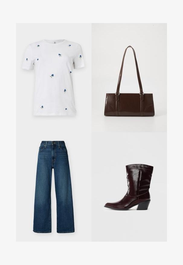 T-shirt blanc à manches courtes avec une petite broderie dispersée de fleurs bleues et de tiges vertes, col rond, fond uni.; Jean en denim bleu à taille haute et à jambes larges, avec fermeture à boutons et fermeture éclair à l'avant, passants pour ceinture et poches avant sur un fond uni.; Bottines en cuir bourgogne avec un bout pointu, une surface texturée et un petit talon effilé. Présente une couture discrète et un ajustement confortable.; Sac à main en cuir verni marron de forme rectangulaire, avec deux longues poignées et des accents courbés subtils à l'avant.