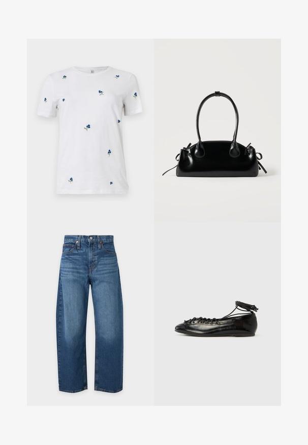 T-shirt blanc à manches courtes avec une petite broderie dispersée de fleurs bleues et de tiges vertes, col rond, fond uni.; Jean bleu taille haute à jambes droites avec poches avant et arrière, fermeture par boutons et passants de ceinture sur fond clair.; Ballerines en cuir verni noir avec un bout rond, un design à lacets et une semelle plate. Texture lisse avec peu de détails.; Petit sac à main noir brillant avec deux longues anses et des détails à cordon sur les côtés sur un fond clair uni.