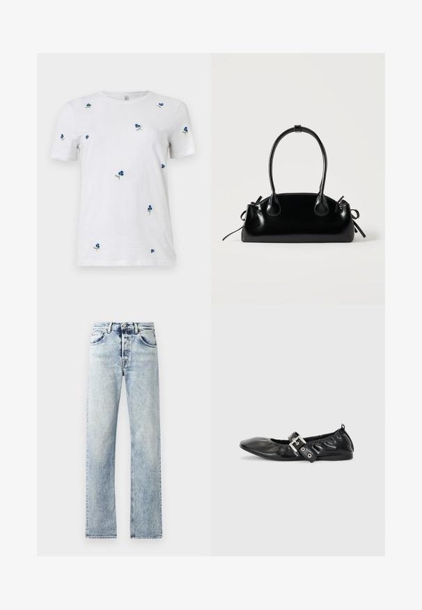 Weißes T-Shirt mit kurzen Ärmeln, verziert mit kleinen, verstreuten blauen Blumenstickereien und grünen Stielen, Rundhalsausschnitt, schlichter Hintergrund.; Hellblaue Denim-Jeans mit gerader Beinform. Merkmale sind fünf Taschen, Gürtelschlaufen und ein ausgefranster Saum am unteren Ende.; Schwarze Leder-Ballerinas mit spitzem Zehenbereich, gerafften Details am Schaft und einem silbernen Schnallenakzent am verstellbaren Riemen.; Kleine schwarze glänzende Handtasche mit zwei langen Griffen und seitlichen Kordelzug-Details vor einfachem hellem Hintergrund.