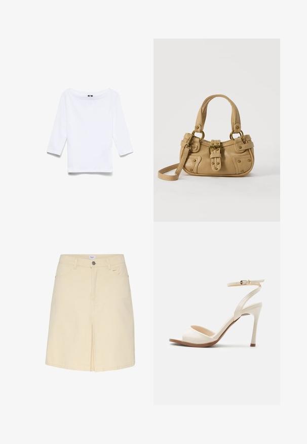 Hvid skjorte med trekvartlange ærmer lavet af bomuldsblandingsstof; har en bred bådudskæring og en glat, let tekstur.; Lys beige denimnederdel med slids foran, standard talje og klassisk fem-lommer design. Glat tekstur og minimalistisk stil.; Beige højhælede sandal med tynd ankelrem og guldlås, åben tå og tynd stiletthæl på hvid baggrund.; Beige læderhåndtaske med dobbelte håndtag, messing spænde og nitte detaljer samt en justerbar skulderrem mod en hvid baggrund.
