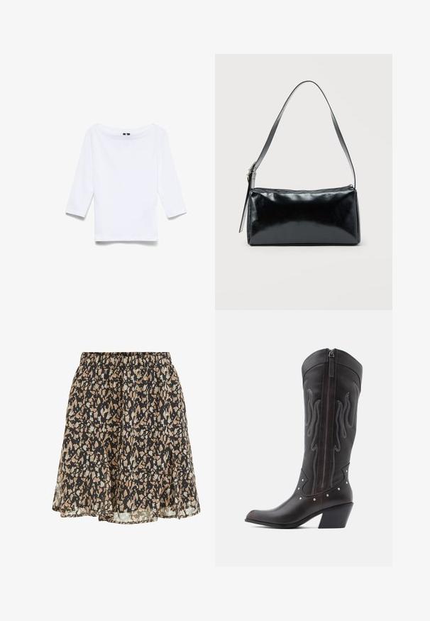 Camisa blanca de manga tres cuartos hecha de una mezcla de algodón; presenta un amplio escote barco y una textura suave y ligera.; Falda negra con manchas irregulares beige y gris claro, cintura elástica y un dobladillo suelto y ligeramente acampanado.; Botas de cowboy de cuero marrón con costuras en forma de llama, cremallera lateral, tachuelas plateadas, punta puntiaguda y tacón apilado.; Bolso de hombro rectangular negro con una correa ajustable y un cierre de cremallera superior sobre un fondo liso.