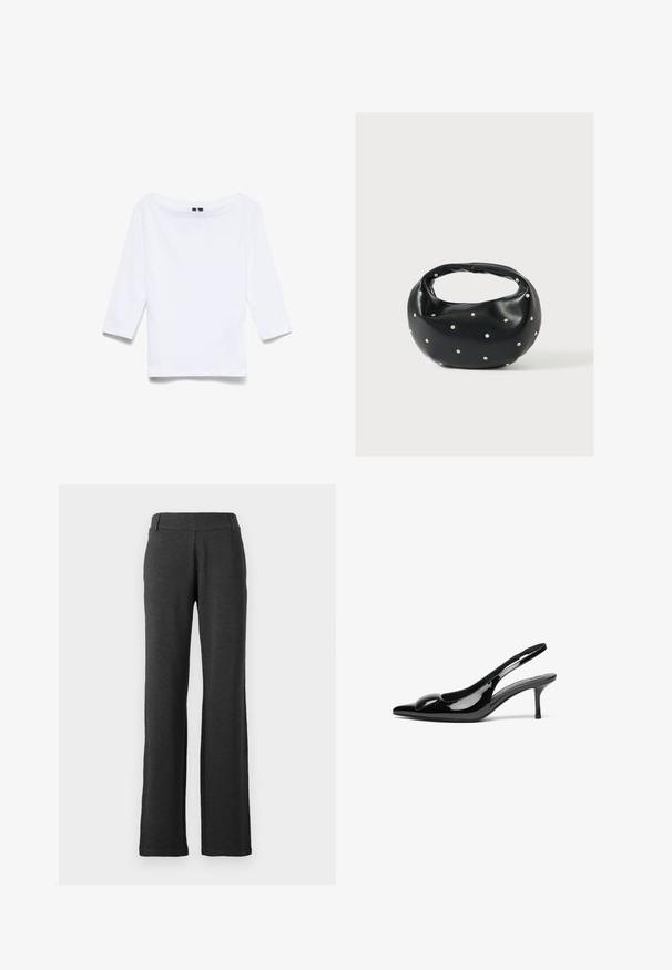Chemise blanche à manches trois-quarts en tissu mélangé coton ; présente un large col bateau et une texture lisse et légère.; Pantalons droits de couleur gris foncé, fabriqués en tissu doux. Ils présentent une taille lisse et aucun motif ou accent visible.; Escarpins slingback en cuir verni noir avec un bout pointu et une finition brillante. Présente un talon fin et un accent arrondi au dessus du pied.; Sac à main en cuir noir de forme arrondie, décoré de clous argentés et équipé d'une poignée courte. Texture lisse et fermeture éclair.