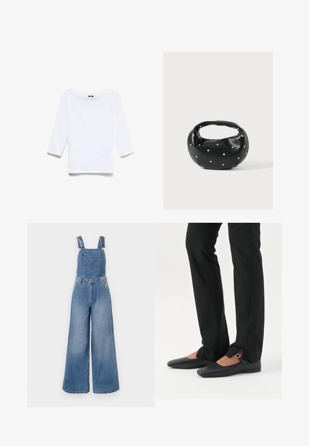 Weißes Hemd mit drei Viertelärmeln aus einem Baumwollmischgewebe; verfügt über einen weiten Bootsausschnitt und eine glatte, leichte Textur.; Denim-Latzhose in Hellblau mit weitem Bein, verstellbaren Trägern, einer vorderen Tasche und silberner Hardware. Der Stoff weist eine feine Textur auf.; Beine in schwarzen schmalen Hosen mit vorderen Schlitzen am Saum, kombiniert mit schwarzen flachen Mary-Jane-Schuhen mit kleinem Schnallenriemen.; Schwarze Lederhandtasche mit abgerundeter Form, verziert mit silbernen Nietenakzenten und kurzem Griff. Glatte Struktur und Reißverschlussverschluss.