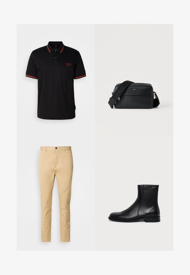 Polo noir avec des accents rouges sur le col et les manches. Il présente un col à boutons et un logo Porsche BOSS brodé en rouge.; Chinos beiges en coton avec une texture lisse. Comprend une fermeture à bouton, des passants de ceinture et une taille fuselée vers la cheville.; Bottine en cuir noir à talon bas, couture latérale et petit logo "HUGO" sur le revers supérieur sur un fond uni.; Sac bandoulière en cuir noir texturé avec poche avant zippée et bandoulière large en tissu réglable sur fond blanc.