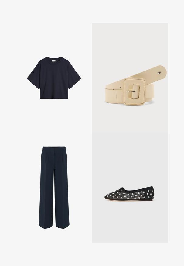 T-shirt court bleu marine avec manches courtes et col rond, design uni sur fond blanc.; Pantalons large en bleu marine foncé, présentant un tissu lisse, des plis tailleur et une taille haute. Pas de poches visibles ni de décorations.; Chaussure plate noire à bout pointu, en maille avec de grands pois argentés, et un petit nœud à l'avant. Tissu texturé.; Ceinture large de couleur crème avec une grande boucle carrée et un petit détail d'abeille en argent près de l'extrémité.