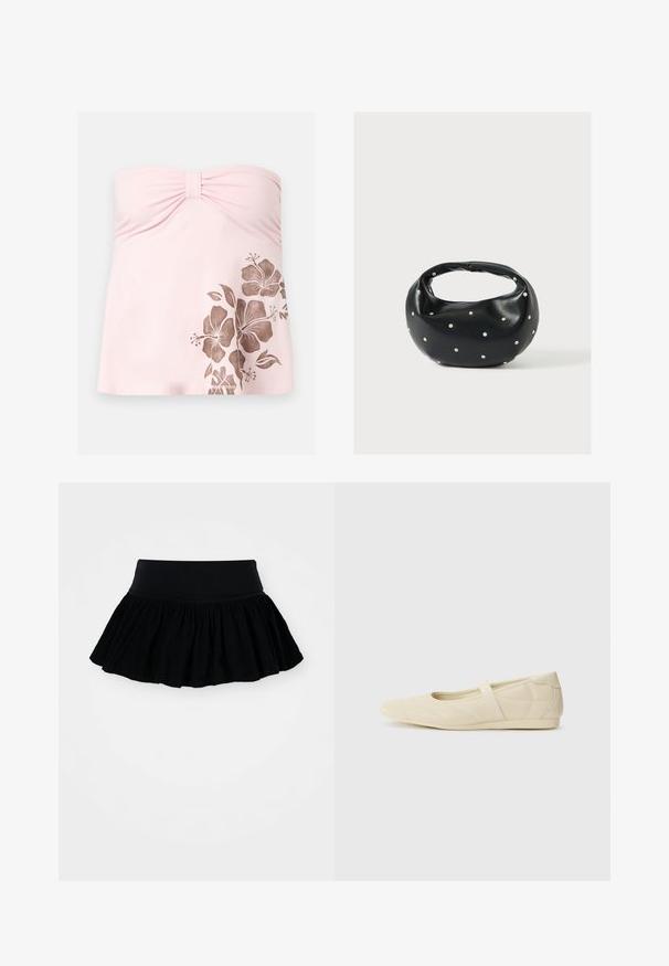 Lyserød strapless badetop med rynket midte og brun hibiscusblomst tryk på nederste højre side.; Sort flagrende skørt med samlet, tekstureret stof og et bredt liv. Simpelt design, ingen mønstre eller hardware til stede.; Lysebrune ballet flats med en glat læderoverflade, mandelformet tå og elastisk rem over vristen, med diskrete syninger.; Sort læderhåndtaske med en rundet form, dekoreret med sølvnitter, og et kort håndtag. Glat tekstur og lynlåslukning.