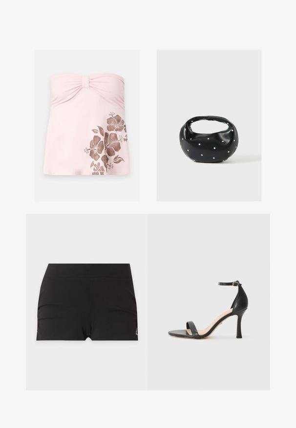 Haut de maillot de bain bustier rose clair avec centre froncé et imprimé fleur d'hibiscus marron sur le bas côté droit.; Shorts noirs extensibles sans coutures avec une large ceinture et un petit logo sur le côté inférieur.; Sandale à talons hauts en cuir noir avec une fine bride de cheville, bout ouvert et un talon élégant et courbé. Semelle texturée et design minimaliste.; Sac à main en cuir noir de forme arrondie, décoré de clous argentés et équipé d'une poignée courte. Texture lisse et fermeture éclair.