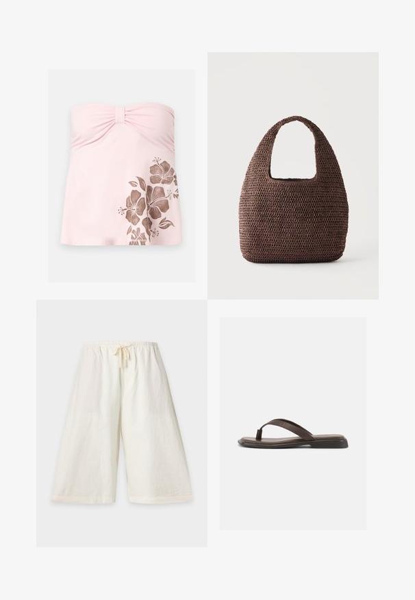 Haut de maillot de bain bustier rose clair avec centre froncé et imprimé fleur d'hibiscus marron sur le bas côté droit.; Shorts amples, écrus, longueur genou, avec taille élastique et cordon, présentés sur un fond uni clair.; Sandale en cuir marron à lanière avec semelle plate noire et large bride sur le dessus, vue de profil sur fond blanc.; Sac tote marron en crochet avec une large anse et une forme rectangulaire arrondie sur fond uni clair.