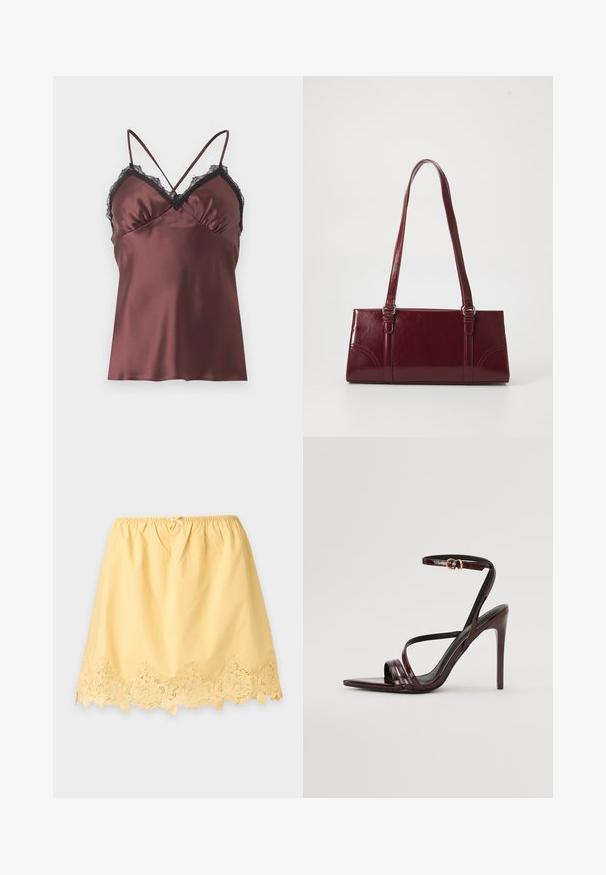 Topshop TRIM - Μπλούζα - chocolate brown; Κίτρινη φούστα τύπου ημίολη με ελαστική μέση και φλοράλ δαντέλα στο κάτω άκρο σε ανοιχτό γκρι φόντο.; Μπορντό παπούτσι με ψηλό τακούνι από πατεντεδ δέρμα, με λουρί στον αστράγαλο, μυτερή μύτη και τρεις οριζόντιες λωρίδες που διασχίζουν το πόδι. Λεπτομέρεια με χρυσό τόνο στην αγκράφα.; Μπορντό τσάντα ώμου από γυαλιστερό υλικό, ορθογώνιο σχήμα, με δύο ιμάντες ώμου και λεπτές καμπύλες λεπτομέρειες στο μπροστινό μέρος.