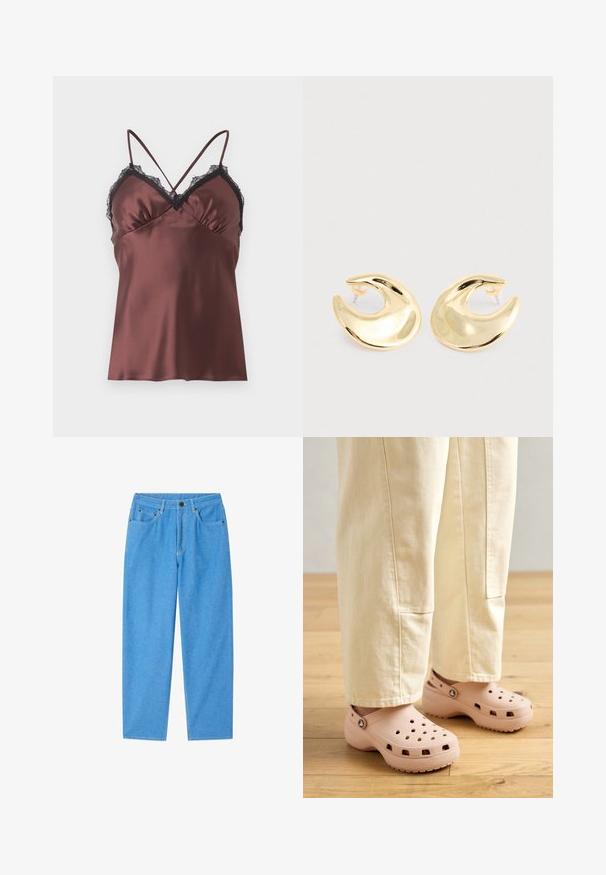 Topshop TRIM - Top - chocolate brown; Lichtblauwe denim spijkerbroek met rechte pijpen, voorzakken, riemlussen, knoopsluiting en zichtbare stiksels op een witte achtergrond.; Lichtroze klompen van rubber, met ventilatiegaten, een gevormde pasvorm en een geprofileerde zool voor grip. Draagt in combinatie met lichtbeige broek.; Een paar glanzende gouden halvemaanvormige studs met transparante plastic achterkanten op een lichtgrijze ondergrond.