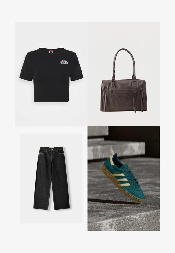 Schwarzes, kurz geschnittenes T-Shirt aus Baumwolle mit Rundhalsausschnitt und kurzen Ärmeln. Das Markenlogo ist weiß auf der Brust gestickt.; Schwarze Jeans mit weitem Bein aus Denim, mit fünf Taschen, metallischem Knopf und Reißverschluss und kontrastierenden gelben Nähten entlang der Nähte.; Türkisfarbener Adidas Sneaker aus Wildleder mit cremefarbenen Streifen und Gumsohle, schwebt über Betontreppen im Außenbereich.; Dunkelbraune Lederhandtasche mit zwei Griffen, vorderer Reißverschlusstasche und zwei vertikalen seitlichen Reißverschlussdetails vor weißem Hintergrund.