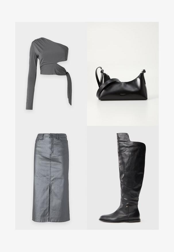 Top gris de manga larga con diseño de un solo hombro, que presenta un detalle de nudo en la cintura y una tela suave y elástica.; Falda de mezclilla gris metálico con forma recta, abertura frontal, diseño de cinco bolsillos y cierre de botón en la cintura. Se pueden ver las costuras planas.; Bota negra de cuero hasta la rodilla con suela plana y parte superior ligeramente más ancha, con un corte asimétrico en el lado exterior.; Bolso de mano de cuero negro con una textura suave. Cuenta con una correa ajustable y un diseño elegante y minimalista con cierre de cremallera.