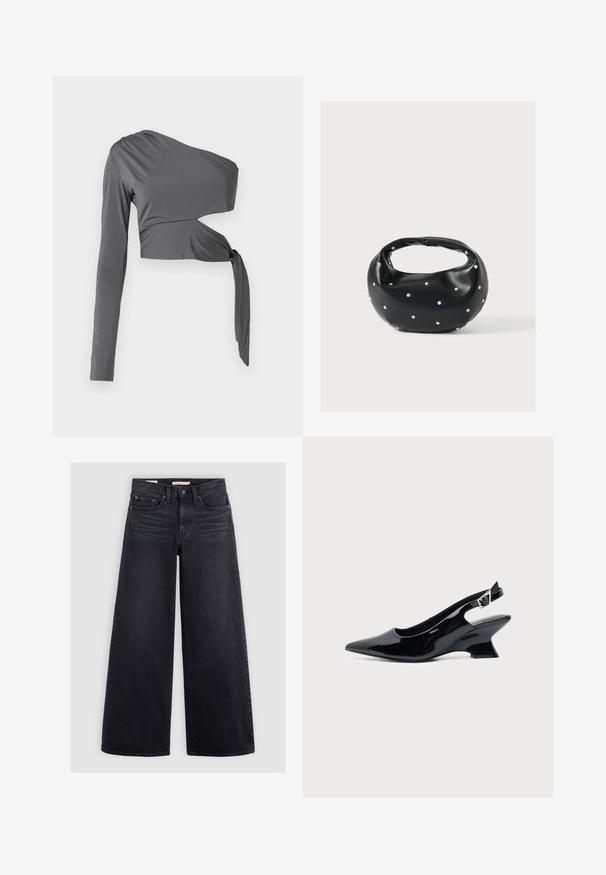 Langärmliges graues Oberteil mit einem Schulterdesign, das eine Knotendetail in der Taille und einen glatten, dehnbaren Stoff aufweist.; Schwarze Jeans mit weitem Bein aus Denim, mit hoher Taille, fünf Taschen und dezenten Verwaschungen an der Vorderseite.; Schwarzer Slingback-Schuh aus Lackleder mit spitzer Spitze und niedrigem, schrägem Blockabsatz auf einfachem hellem Hintergrund.; Schwarze Lederhandtasche mit abgerundeter Form, verziert mit silbernen Nietenakzenten und kurzem Griff. Glatte Struktur und Reißverschlussverschluss.