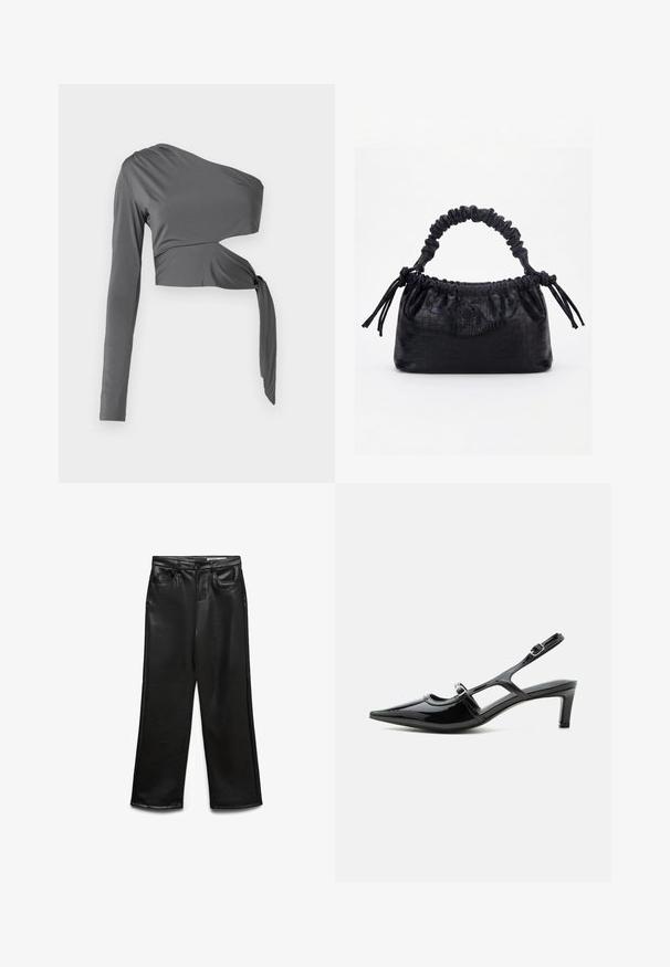 Langärmliges graues Oberteil mit einem Schulterdesign, das eine Knotendetail in der Taille und einen glatten, dehnbaren Stoff aufweist.; Schwarze weite Hose aus Kunstleder mit Fronttaschen, Gürtelschlaufen und dezentem Glanz. Glatte Textur und maßgeschneiderte Passform.; Schwarzer Slingback-Schuh aus Lackleder mit spitzer Kappe, niedrigem Absatz und zwei verstellbaren Schnallenriemen, seitlich dargestellt.; Schwarze Handtasche mit Krokodilstruktur, gerafftem oberen Rand, zusammengezogenem Griff und Zugkordeln mit Quasten an jeder Seite vor weißem Hintergrund.