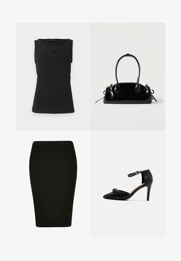 Haut sans manches noir avec un col en V et un détail entrecroisé au niveau du décolleté. Fabriqué en tissu doux et extensible avec une coupe ajustée.; Jupe crayon noire à côtes avec un design ajusté. Dotée d'une taille haute et d'un tissu texturé, offrant une silhouette lisse.; Chaussure noire en cuir à talons hauts avec un bout pointu, une sangle à la cheville et une boucle dorée, mettant en avant un détail de noeud brillant sur le devant.; Petit sac à main noir brillant avec deux longues anses et des détails à cordon sur les côtés sur un fond clair uni.