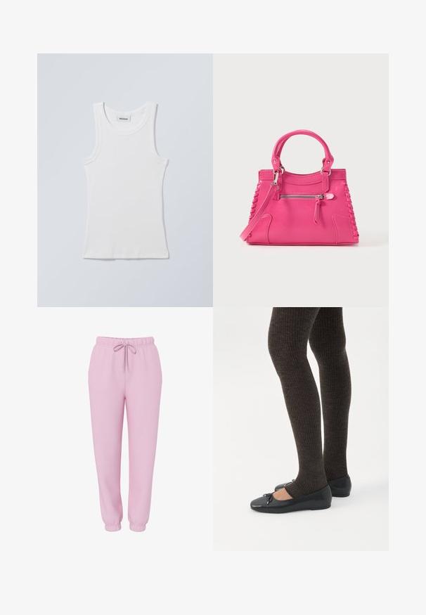 Hvid bomulds tanktop med rund halsudskæring og brede skulderstropper. Har ribstrikket tekstur og lige kant forneden. Mærke vist ved halsudskæringen.; Lyserøde joggers med elastisk linning, snørebånd, sidelommer og elastiske manchetter, vist på hvid baggrund.; Ben iført mørke ribbede leggings kombineret med sorte balletsko med små sløjfedetaljer på hvid baggrund.; Rosa læderhåndtaske med dobbelte håndtag, dekorativ sidesnøring og en lynlåslomme foran. Glat tekstur, struktureret form.