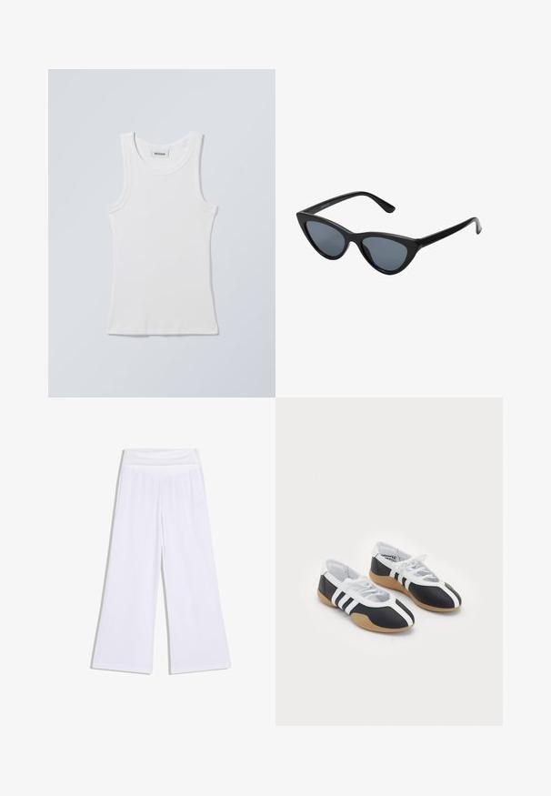Wit katoenen tanktop met een ronde halslijn en brede schouderbanden. Heeft een geribbelde textuur en een rechte zoom. Label zichtbaar aan de halslijn.; Witte wijde broek met een hoge elastische tailleband, een ontspannen pasvorm en een gladde stof.; Zwart-witte sport schoenen met een slank ontwerp, rubberen zool, vetersluiting en drie witte strepen aan de zijkanten.; Zwarte cat-eye zonnebril met donkergrijze lenzen, slank plastic frame, puntige hoeken en rechte pootjes. Geen zichtbare hardware of accenten.