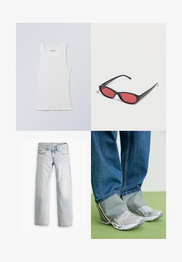 Weißes Baumwoll-Top mit rundem Ausschnitt und breiten Schulterträgern. Verfügt über eine gerippte Textur und einen geraden Saum. Etikett am Ausschnitt sichtbar.; Hellblaue Denim-Jeans mit lockerer Passform, hoher Taille und fünf Taschen. Mit Stitching-Akzenten und einem Knopfverschluss.; Graue Turnschuhe aus Mesh-Material mit weißen Akzenten, kombiniert mit blauen Jeans, die an den Knöcheln umgeschlagen sind.; Schwarze ovale Sonnenbrille mit schlanken Bügeln und rot getönten Gläsern, die auf einer weißen Oberfläche liegt.