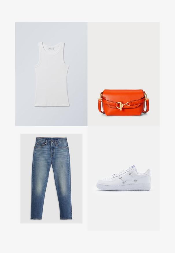 Hvid bomulds tanktop med rund halsudskæring og brede skulderstropper. Har ribstrikket tekstur og lige kant forneden. Mærke vist ved halsudskæringen.; Lyseblå denim jeans med lige pasform, fem lommer, knaplukning og diskret falming på lårene. Kontraststing er synlige.; Nike Sportswear AIR FORCE 1 - Sneakers - white/hyper royal/black; Appelsinlæder handbag med en glat overflade, lås med lukning og en aftagelig rem. Har guldtonet hardware og en rund form.