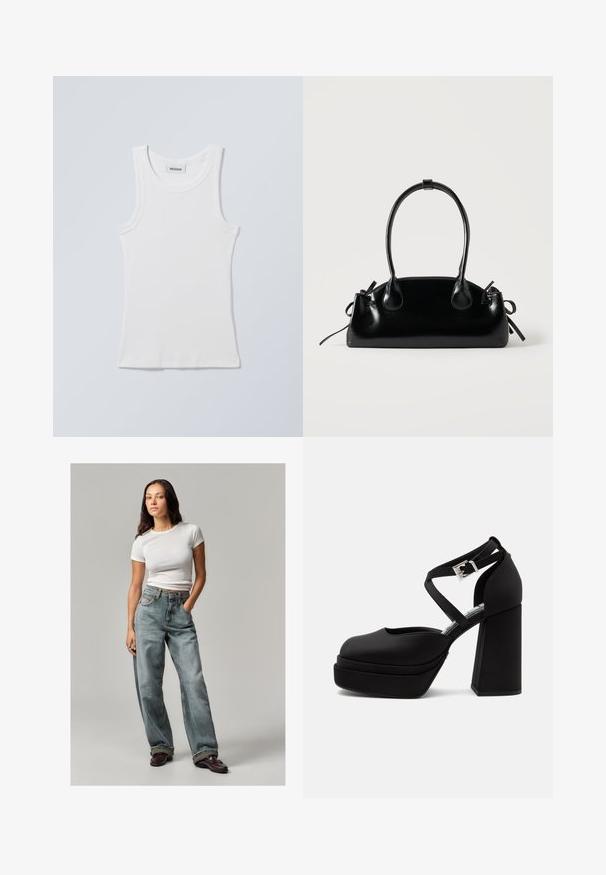 Hvid bomulds tanktop med rund halsudskæring og brede skulderstropper. Har ribstrikket tekstur og lige kant forneden. Mærke vist ved halsudskæringen.; Lysblå denim brede bukser med falmede detaljer, høj talje og forlommer. Sat sammen med en tætsiddende hvid t-shirt med korte ermer og bordeauxfarvede sko.; Sort platform højhælet sko med tyk blokhæl, rundet tå og krydsede ankelstropper fastgjort med en sølvspænde.; Lille sort blank håndtaske med to lange håndtag og snøre-detaljer i siden på en ensfarvet lys baggrund.
