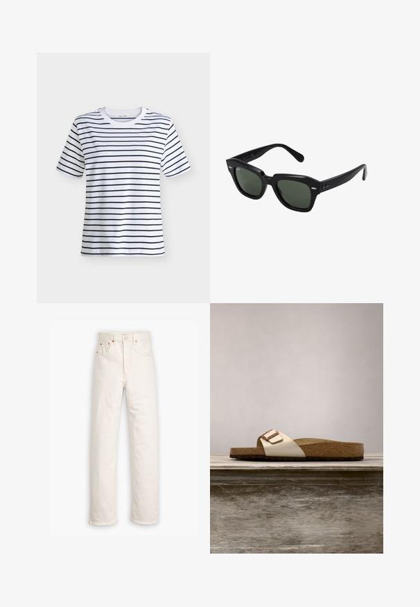 Hvid T-shirt med korte ærmer og rund hals, med jævnt fordelte horisontale sorte striber på forsiden og ærmerne.; Hvide denim jeans med lige ben, fem-lommestil og kobberdetaljer. Rå kantfinish ved anklerne.; Sandal med slide-design, der har en let metallisk overdel, korkfodbed og tekstureret brun gummisål. Spænde detalje med logoaccent.; Sorte firkantede solbriller med mørkegrønne linser, der har kraftige stel og sølvdetaljer på siderne. Fremstillet i Italien.