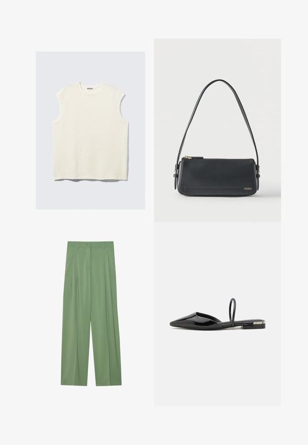 Top sin mangas color crema con diseño texturizado, cuello y dobladillo acanalados. Cuenta con un corte cuadrado y estilo casual.; Pantalones de pierna ancha verdes hechos de tela suave. Presentan pliegues en el frente, un cierre de botón único y pasadores para cinturón.; Flats de charol negro tipo slingback con puntera afilada, diseño minimalista, tirante delgado y un pequeño acento metálico en el tacón.; Bolso de hombro rectangular de cuero negro con cremallera dorada y pequeño logo dorado "HUGO" en el frente, con una correa ajustable con hebilla.