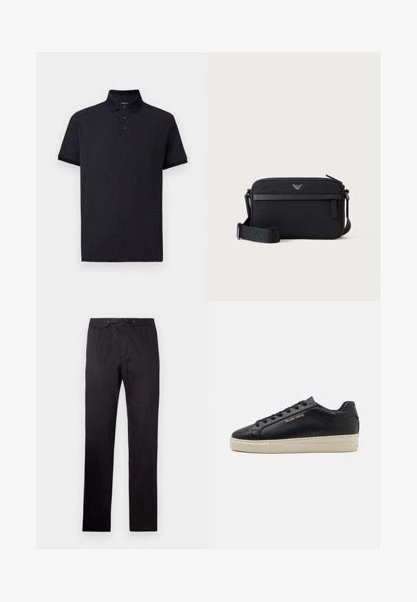 Schwarzes Poloshirt mit strukturiertem Muster, Dreiknopf-Leiste und klassischem Kragen. Kurze Ärmel und gerader Saum. Weicher Stoff.; Schwarze Hose mit elastischem Bund und Kordelzug. Sie zeichnet sich durch eine glatte Textur und ein gerades Bein Design aus. Minimalistischer Stil ohne Muster.; Schwarze Leder-Sneaker mit glatter Oberfläche, kontrastierender cremefarbener Sohle, abgerundeter Spitze, goldfarbenem Logo an der Seite und sechs Ösen für die Schnürsenkel.; Schwarze rechteckige Umhängetasche mit vorderer Reißverschlusstasche, verstellbarem Schultergurt und kleinem Metalllogo oben in der Mitte.