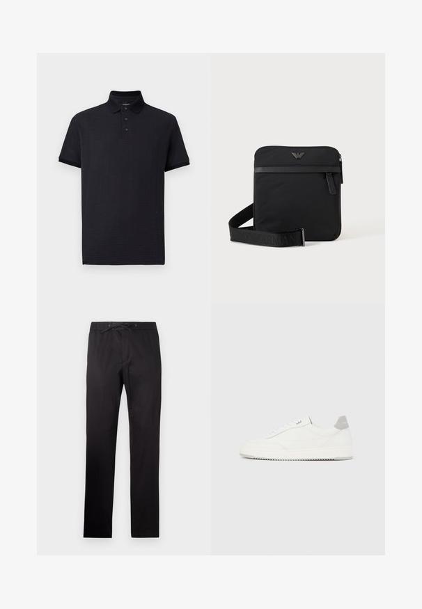 Sort polo med tekstureret mønster, tre-knaps stolpelukning og klassisk krave. Korte ærmer og lige kant. Blødt stof.; Sorte bukser med elastisk talje og snor. Har en glat tekstur og lige ben-design. Minimalistisk stil uden mønstre.; Hvid lavtop-sneaker med gråt hælflig, hvide snørebånd og tekstureret sål, vist på en ensfarvet lys baggrund.; Sort firkantet skuldertaske med lynlås, frontlomme og justerbar rem med præget brandnavn.