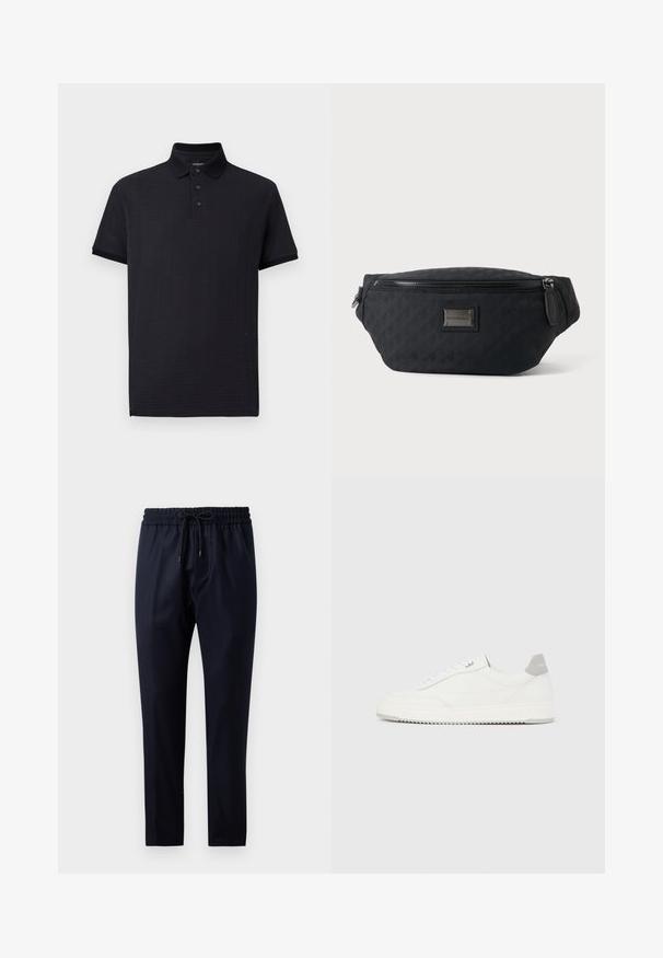 Polo noir avec un motif texturé, patte de boutonnage à trois boutons et un col classique. Manches courtes et un ourlet droit. Tissu doux.; Pantalon bleu marine en tissu doux, avec une taille élastique et un cordon de serrage, coupe droite et sans motifs ni accents visibles.; Baskets basses blanches avec un onglet de talon gris, des lacets blancs et une semelle texturée, présentées sur un fond uni clair.; Sac banane en tissu noir avec fermeture éclair frontale et petite plaque métallique du logo au centre, présenté sur un fond uni.
