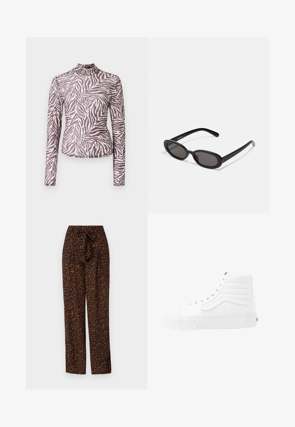 Top de manga larga en tejido semitransparente, con un patrón de rayas de cebra en marrón y blanco, con un cuello alto y diseño ajustado.; Pantalones de colores marrón y naranja con un cinturón anudado, diseño de pierna ancha, tela suave, que presentan una textura de print de leopardo abstracto.; Vans UA SK8-HI PLATFORM 2.0 - Zapatillas altas - true white; Even&Odd Gafas de sol - black