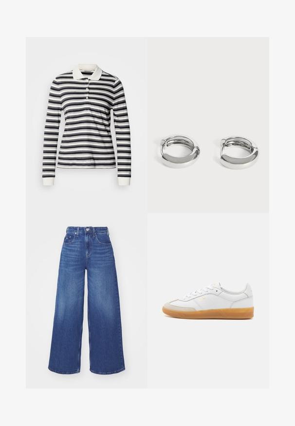 Langærmet polo med marineblå og hvide striber, lavet af bomuld, med tre-knaps slids og ribstrikkede manchetter. Klassisk kravedesign.; Højtaljede blå denimjeans med brede ben, bæltestropper, frontknap, lynlåslukning samt for- og møntlommer.; Hvide lædersneakers med beige ruskindsdetaljer, gummisål og snøredesign. Har diskret branding i guld.; Par små, skinnende sølv hoops med glatte, afrundede overflader på en ensfarvet hvid baggrund.