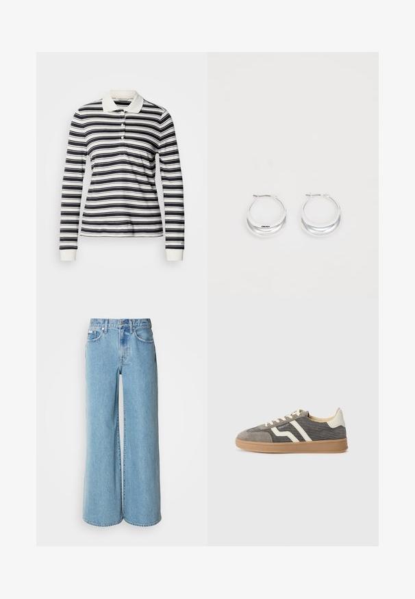 Poloshirt met lange mouwen met marineblauwe en witte strepen, gemaakt van katoen, drieknopsbies en geribbelde manchetten. Klassiek kraagontwerp.; Lichtblauwe wijde jeans van denim, met een hoge taille, vijf pockets en subtiele vervaging langs de stof.; Grijze suède sneaker met een gestructureerd bovenwerk, voorzien van crèmekleurige strepen en veters, en een gumrubberen zool voor grip. Tijdloos atletisch ontwerp.; Zilveren creolen met een gepolijste afwerking en DKNY-branding, weergegeven tegen een effen witte achtergrond.