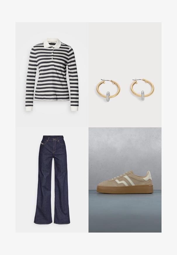 Langärmeliges Poloshirt mit marineblauen und weißen Streifen, aus Baumwollmaterial, mit drei Knöpfen und gerippten Bündchen. Klassischer Kragen.; Dunkelblaue weite Jeans aus Denimstoff mit hoher Taille, ausgestattet mit orangefarbenen Nähten, fünf Taschen und einem Knopfverschluss.; Beiger Wildledersneaker mit weißen Lederakzenten, Schnürdesign und einer strukturierten Gummisohle. Auf einer Holzoberfläche präsentiert.; Paar goldfarbene Creolen mit kleinem silberfarbenem Schlaufen-Detail an jeder, vor hellem grauem Hintergrund präsentiert.