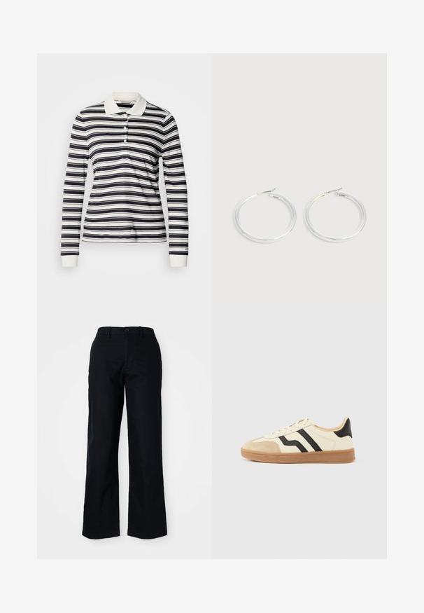 Polo à manches longues avec rayures bleu marine et blanches, en coton, patte de boutonnage à trois boutons et poignets côtelés. Design classique avec col.; Pantalons noirs à jambes larges en coton. Dotés d'une fermeture à bouton à l'avant, de passants de ceinture et d'une texture lisse. Pas de motifs ou d'accents visibles.; Baskets à lacets avec une tige crème ornée de rayures noires et un bout en daim, complétées par une semelle en caoutchouc marron.; Paire de boucles d'oreilles créoles argentées brillantes avec fermoirs en fil fin, présentée sur un fond gris clair.