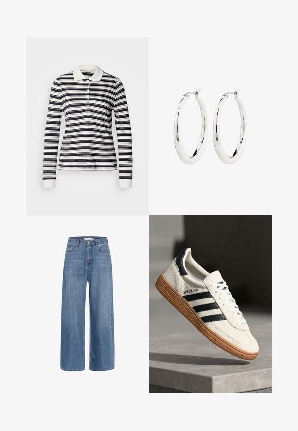 Langärmeliges Poloshirt mit marineblauen und weißen Streifen, aus Baumwollmaterial, mit drei Knöpfen und gerippten Bündchen. Klassischer Kragen.; Blaue Jeans im weiten Bein mit hoher Taille, zwei Fronttaschen und subtilen Ausbleichungen. Mit kontrastierenden Nähten und einem klassischen Knopfverschluss.; Weiße Wildleder-Sneaker mit marineblauen Streifen, Gummisohle, strukturiertem Obermaterial, runder Zehenform und Schnürung; mit Branding an der Seite und auf der Zunge.; Silberne Creolen mit einer glatten, glänzenden Oberfläche. Kreisform, ausgestattet mit einem sicheren Verschluss. Einfaches und elegantes Design.