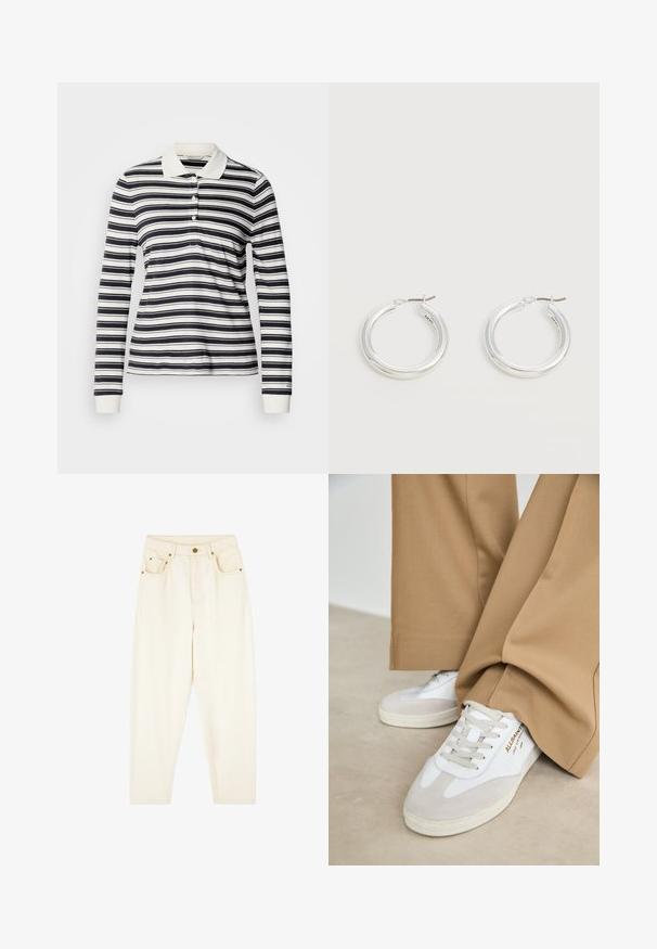Langärmeliges Poloshirt mit marineblauen und weißen Streifen, aus Baumwollmaterial, mit drei Knöpfen und gerippten Bündchen. Klassischer Kragen.; Cremfarbene Jeans mit geraden Beinen, zwei Vordertaschen und goldenen Hardware-Details. Glatte Textur mit klassischem Design.; Weiße Sneakers mit Wildlederakzenten, strukturierten Schnürsenkeln und einer Gummisohle. Kombiniert mit lockeren, sandfarbenen Hosen. Logo an der Seite angebracht.; Paar mittelgroße glänzende silberne Hoop-Ohrringe mit dünnen Metallverschlüssen auf hellem neutralem Hintergrund.