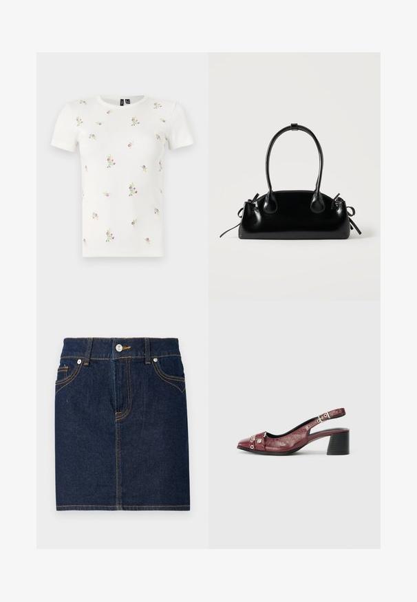 Witte katoenen T-shirt met korte mouwen, voorzien van een geribbelde textuur en verspreide bloemrijke borduursels in roze en groen.; Donkerblauwe denim rok met zichtbare stiksels, vijf zakken en een knoopsluiting aan de voorkant. Rechte snit met een schone zoomlijn.; Bordeaux leren slingback schoen met een ronde neus, gebogen ontwerp, zilveren hardware accenten en een blokhak. Textuurafwerking.; Kleine zwarte glanzende handtas met twee lange hengsels en zijkant trekkoord details op een effen lichte achtergrond.