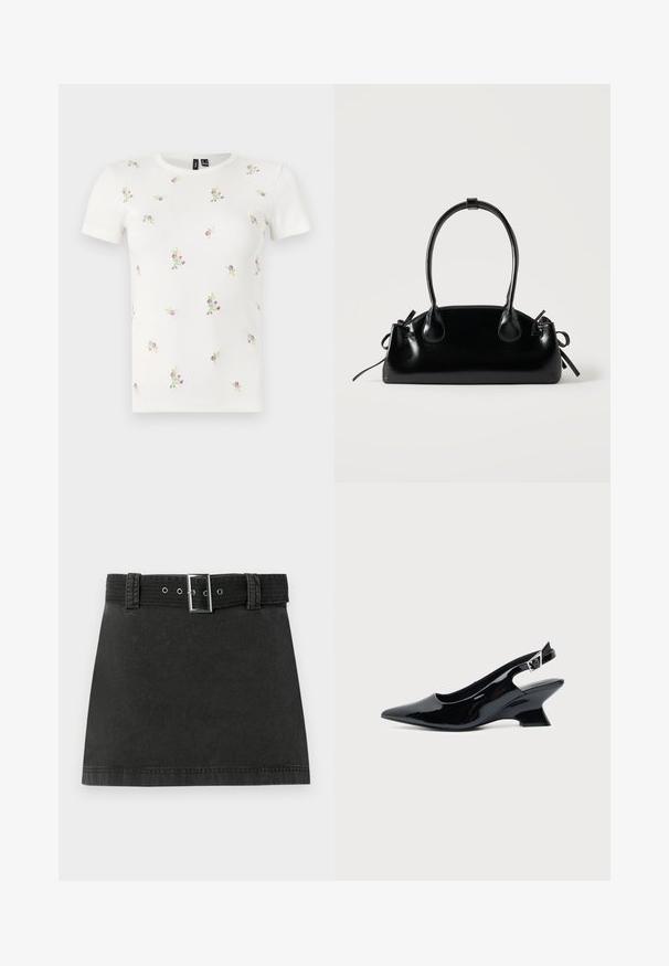 T-shirt en coton blanc à manches courtes, présentant une texture côtelée et une broderie florale dispersée en rose et vert sur l'ensemble.; Jupe mini en denim noir avec une ceinture assortie présentant une boucle métallique et des passants de ceinture, affichée à plat sur un fond blanc.; Chaussure slingback en cuir verni noir avec bout pointu et petit talon bloc incliné sur fond clair uni.; Petit sac à main noir brillant avec deux longues anses et des détails à cordon sur les côtés sur un fond clair uni.