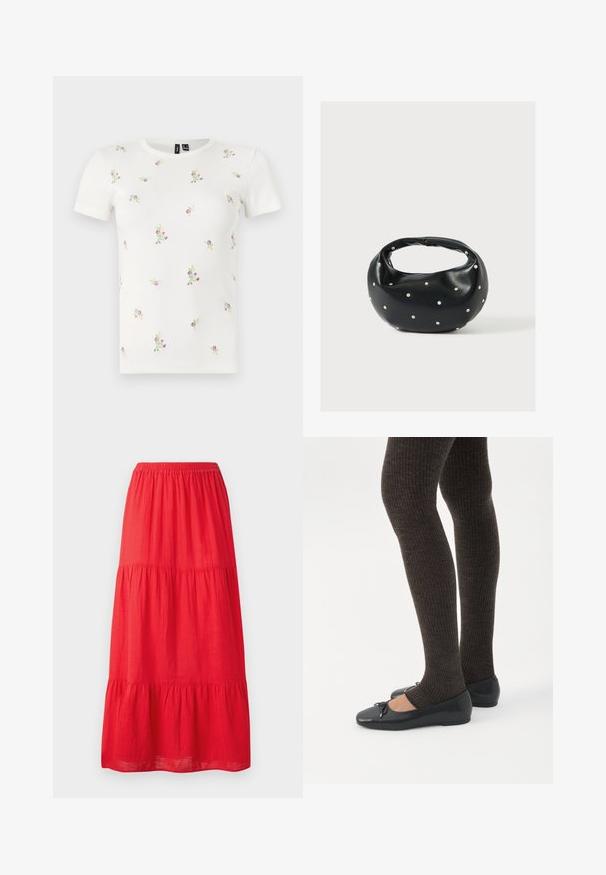Witte katoenen T-shirt met korte mouwen, voorzien van een geribbelde textuur en verspreide bloemrijke borduursels in roze en groen.; Rode katoenen maxi rok met een elastische tailleband, voorzien van drie gelaagde ruches en een gladde textuur. Eenvoudig ontwerp zonder zichtbare patronen.; Benen met donkere geribbelde leggings gecombineerd met zwarte ballerina's met kleine strikdetails op een witte achtergrond.; Zwarte leren handtas met een afgeronde vorm, versierd met zilveren studs, en een korte handgreep. Gladde textuur en ritsluiting.