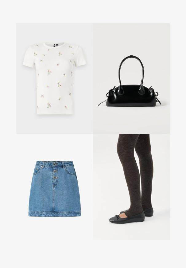 Witte katoenen T-shirt met korte mouwen, voorzien van een geribbelde textuur en verspreide bloemrijke borduursels in roze en groen.; Leren spijkerrok in lichtblauw, met een rechte snit, een voorste knoopsluiting met metallic accenten, twee zijzakken en gestikte zoom.; Benen met donkere geribbelde leggings gecombineerd met zwarte ballerina's met kleine strikdetails op een witte achtergrond.; Kleine zwarte glanzende handtas met twee lange hengsels en zijkant trekkoord details op een effen lichte achtergrond.