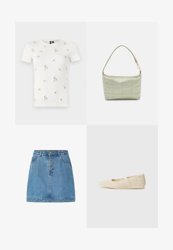 Hvid bomulds t-shirt med korte ærmer, med en ribbet tekstur og spredt blomsterbroderi i pink og grøn over hele.; Lysblå denimnederdel med en lige pasform, frontknaplukning med metalliske detaljer, to sidelommer og en syet kant.; Lysebrune ballet flats med en glat læderoverflade, mandelformet tå og elastisk rem over vristen, med diskrete syninger.; Polstret grøn skuldertaske med blød tekstur, rektangulær form, enkelt strop og lynlås i guldtoner. Har et quiltet mønster.