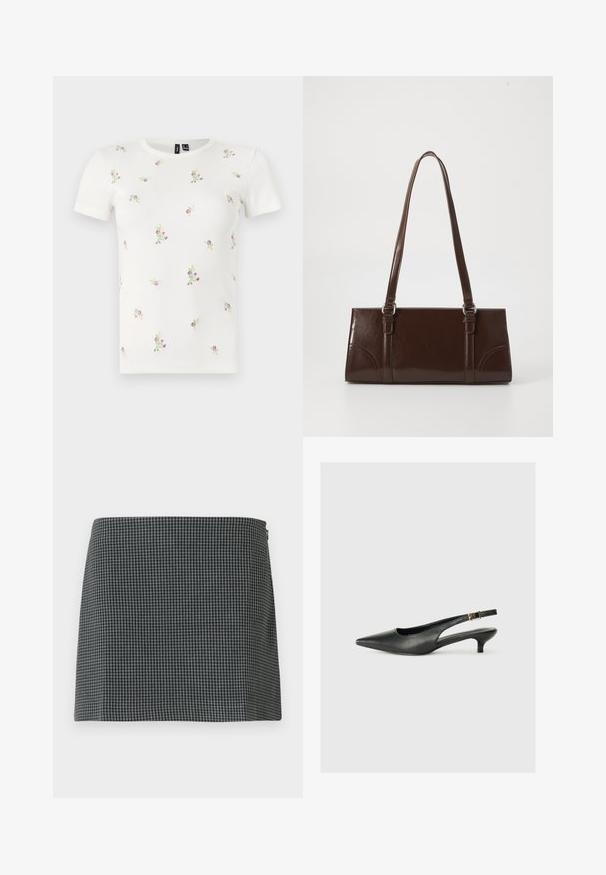 T-shirt en coton blanc à manches courtes, présentant une texture côtelée et une broderie florale dispersée en rose et vert sur l'ensemble.; Jupe en damier noir et blanc en tissu à la texture lisse. Présente une silhouette droite et une fermeture éclair sur le côté.; Chaussure slingback noire à bout pointu en cuir lisse. Présente un talon fin et un détail de boucle sur la sangle réglable.; Sac à main en cuir verni marron de forme rectangulaire, avec deux longues poignées et des accents courbés subtils à l'avant.