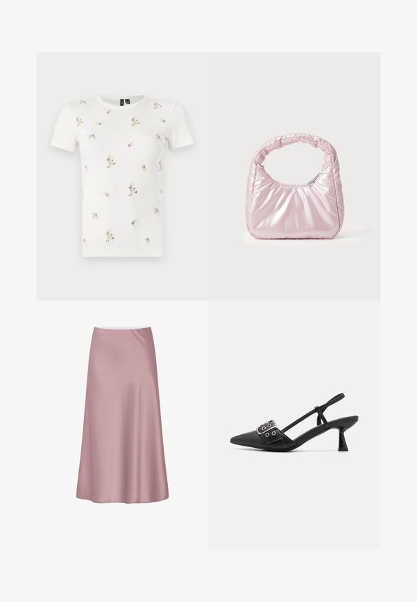 Weißes Baumwoll-T-Shirt mit kurzen Ärmeln, das eine gerippte Textur und verstreute florale Stickereien in Rosa und Grün aufweist.; Sanfter rosa Satin-Midirock mit A-Linien-Silhouette und glattem, fließendem Stoff.; Simmi London DALA - Pumps - black; Rosa, gepolsterte Handtasche mit abgerundeter Form, aus glänzendem Material gefertigt. Verfügt über einen gerafften Griff und einen Reißverschluss für sicheren Zugang.