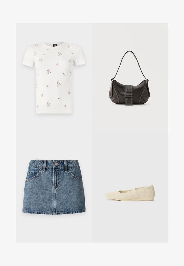 Hvid bomulds t-shirt med korte ærmer, med en ribbet tekstur og spredt blomsterbroderi i pink og grøn over hele.; Denim mini nederdel i middelblå vask, med en tætsiddende talje, forlommer og subtile syninger. Glat, struktureret stoffinish.; Lysebrune ballet flats med en glat læderoverflade, mandelformet tå og elastisk rem over vristen, med diskrete syninger.; Sort læder skuldertaske med spænde på remmen, afrundede kanter og kontrasterende hvide syninger på en ensfarvet baggrund.