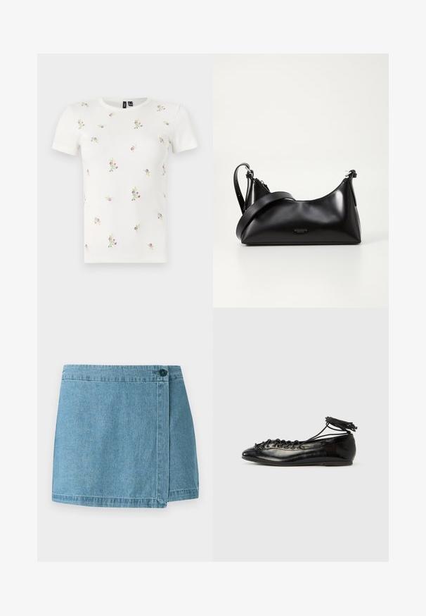 Hvid bomulds t-shirt med korte ærmer, med en ribbet tekstur og spredt blomsterbroderi i pink og grøn over hele.; Denim nederdel i lyseblå, med et omslag-design, en enkelt knaplukning og en syet kant. Glat tekstur uden mønstre.; Sorte balletflade sko i laklæder med rundet tå, snørelukning og flad sål. Glat tekstur med få detaljer.; Sort læderhåndtaske med en glat tekstur. Har en justerbar stropp og et enkelt, minimalistisk design med lynlås.